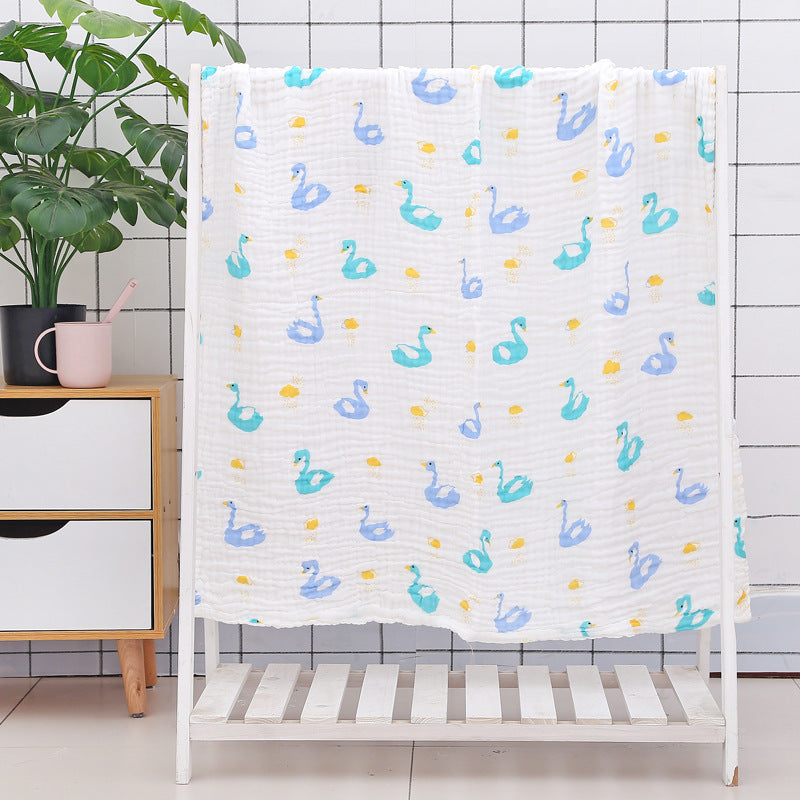 Blue cartoon animal print cotton baby bath towel with soft seersucker quilt, perfect for toddlers and quick drying.
