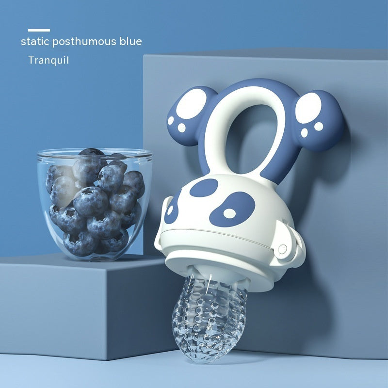 Happy Bite baby fruit feeder teether with soft silicone for introducing non-staple food and soothing teething discomfort.
