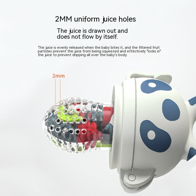 Happy Bite baby fruit feeder teether with soft silicone for introducing non-staple food and soothing teething discomfort.
