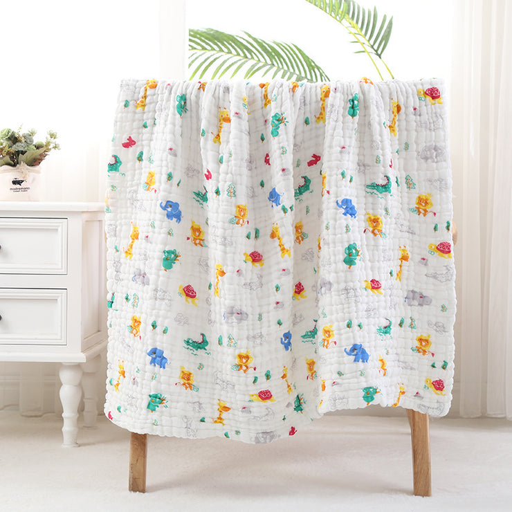 Blue cloud print cotton baby bath towel with six-layer seersucker quilt, designed for quick drying and baby care.