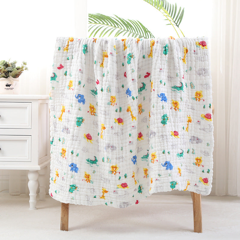 Blue cloud print cotton baby bath towel with six-layer seersucker quilt, designed for quick drying and baby care.