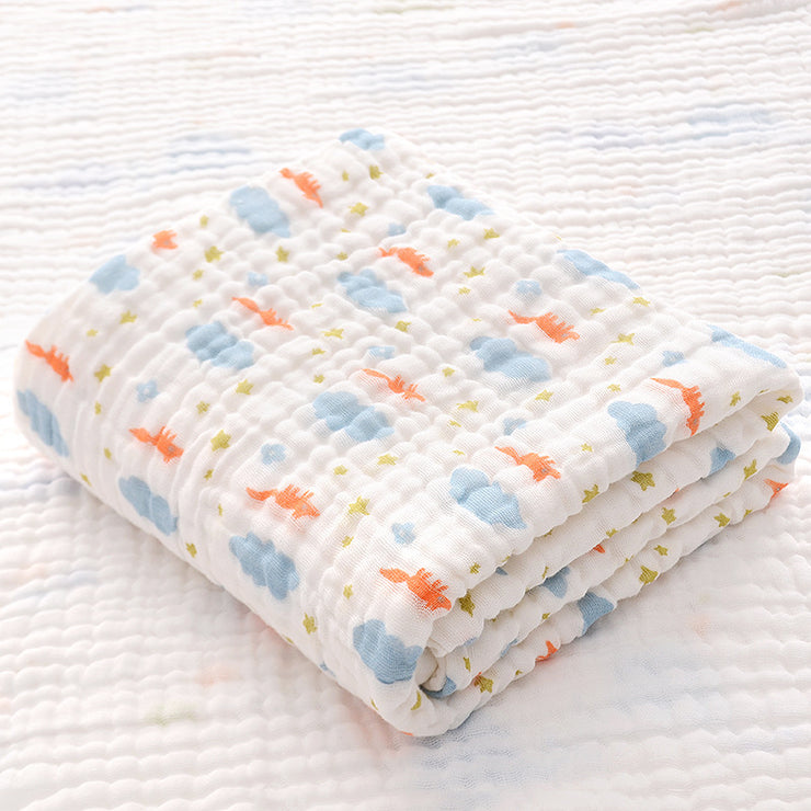 Pink floral print cotton baby bath towel with six-layer seersucker quilt, breathable and soft for infant use.