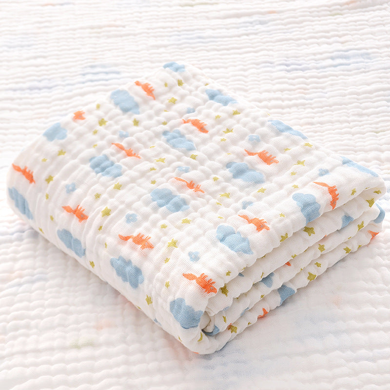 Pink floral print cotton baby bath towel with six-layer seersucker quilt, breathable and soft for infant use.