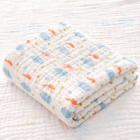 Pink floral print cotton baby bath towel with six-layer seersucker quilt, breathable and soft for infant use.