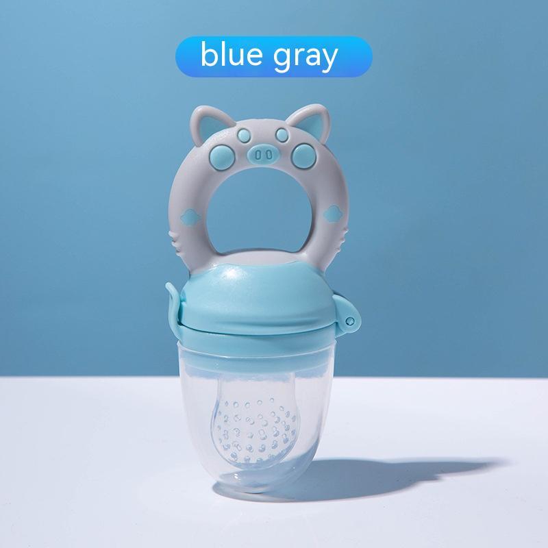 Baby food teether for introducing fruit and vegetable solids; soft silicone feeder soothes teething and encourages self-feeding.
