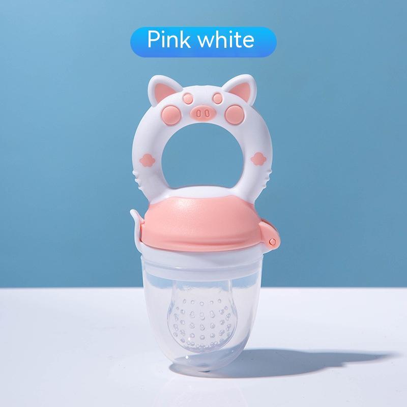 Baby food teether for introducing fruit and vegetable solids; soft silicone feeder soothes teething and encourages self-feeding.

