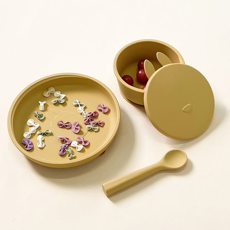 Non-slip silicone baby dinner plate with suction base – BPA-free, divided tray for mess-free toddler feeding.
