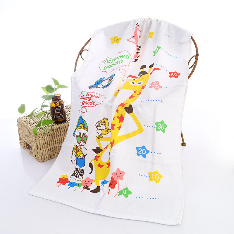 Cartoon Baby Bath Towel - Cotton Yarn | Lightweight, 60x120cm, with a giraffe height chart and playful cartoon characters.