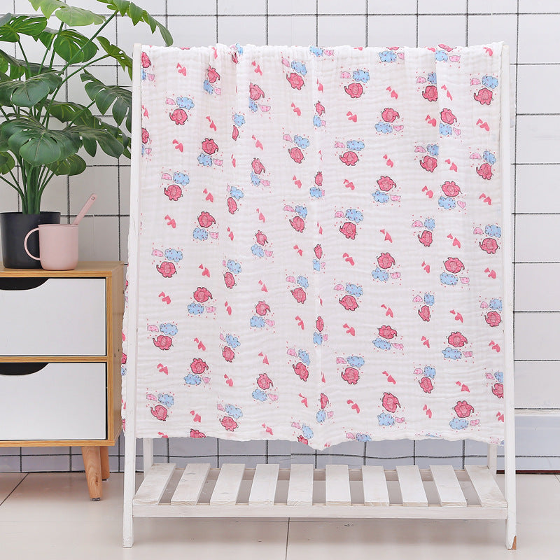 Blue swan print cotton baby bath towel with six-layer seersucker quilt, soft and absorbent for baby bath time.