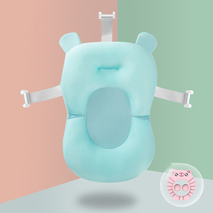 Aqua Non-slip Baby Bath Sponge with blue rinse cup, ensuring safe and enjoyable bath time with spine support.