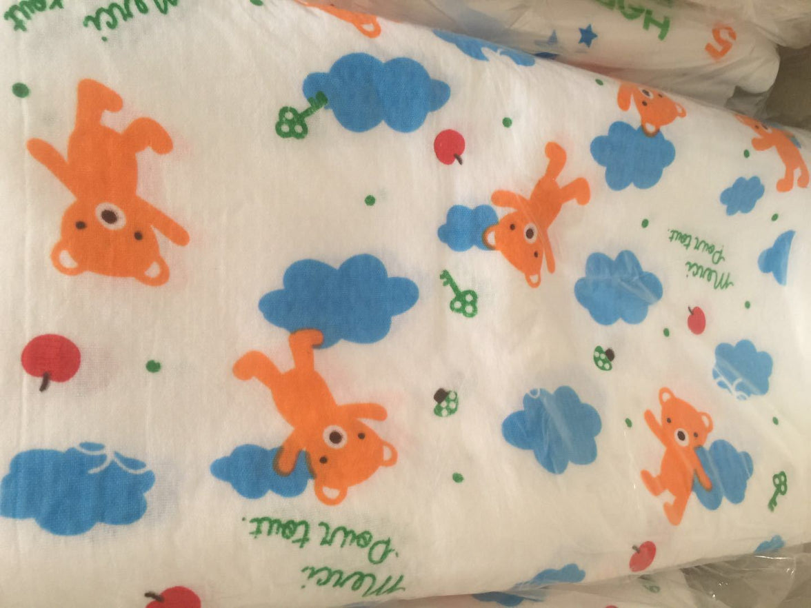 Cartoon Baby Bath Towel - Cotton Yarn | Lightweight, 60x120cm, with orange teddy bears, blue clouds, and green accents on soft gauze fabric.