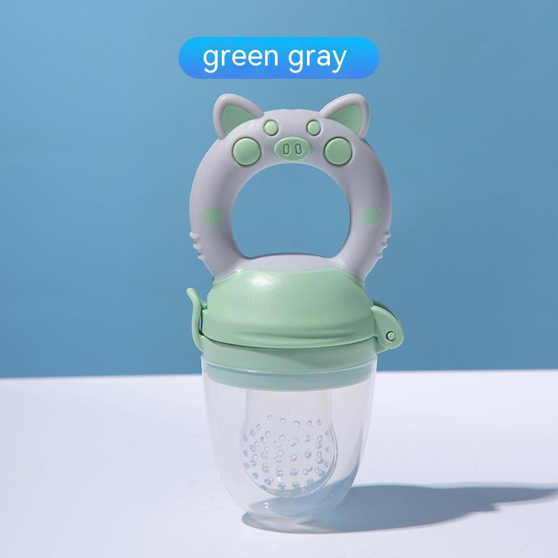 Baby food teether for introducing fruit and vegetable solids; soft silicone feeder soothes teething and encourages self-feeding.
