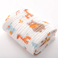 Red and blue reindeer print cotton baby bath towel with six-layer seersucker quilt, soft and breathable for baby use.