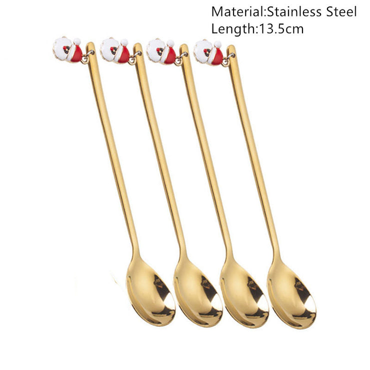 Festive Merry Christmas party spoons for holiday dinners and table decorations – red and green Xmas-themed cutlery.
