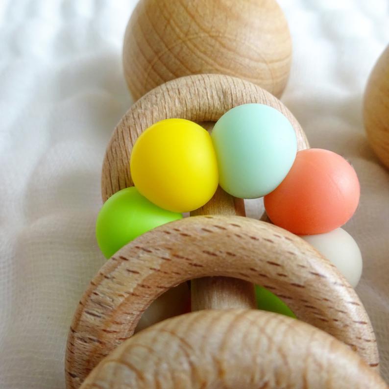 Baby Wooden Rattles, Raw Wooden Toys, Silicone Beads Color Enlightenment Education, Chewable Toys
