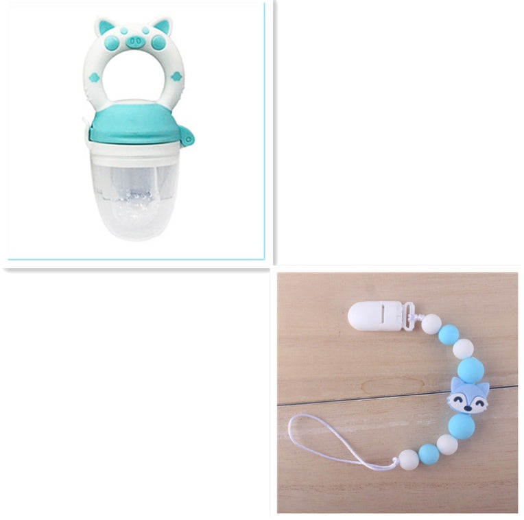 Baby fruit and vegetable feeder with silicone teether, ideal for feeding solids and soothing gums.
