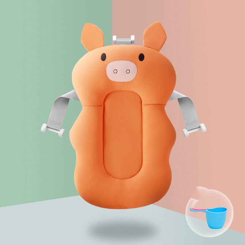 Non-slip Sponge Baby Bath in pig design with safety straps for spine protection. Ideal for infant bath time with included rinse cup accessory.