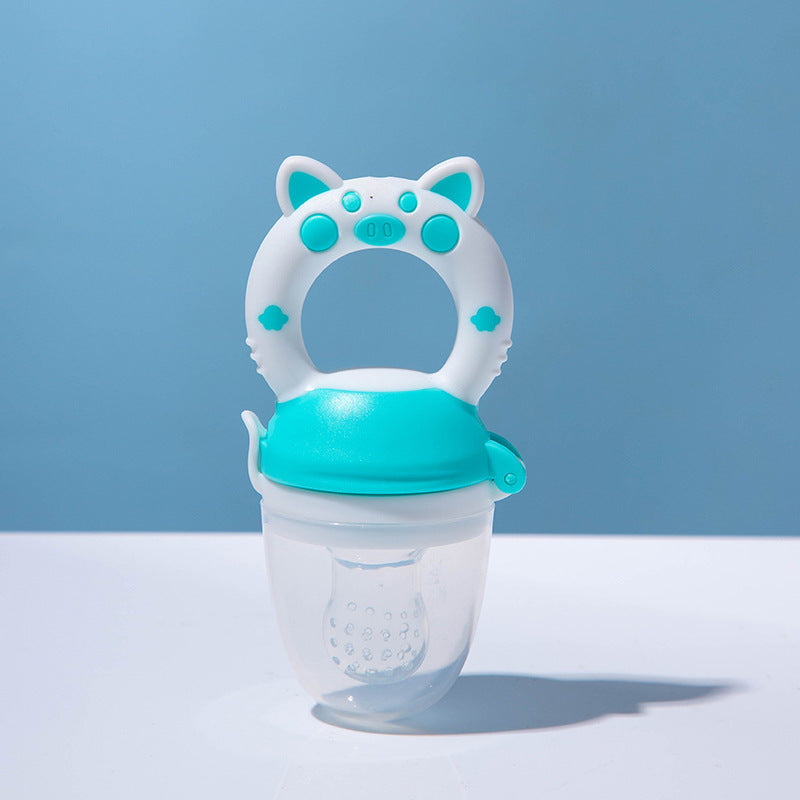 Baby food teether for introducing fruit and vegetable solids; soft silicone feeder soothes teething and encourages self-feeding.
