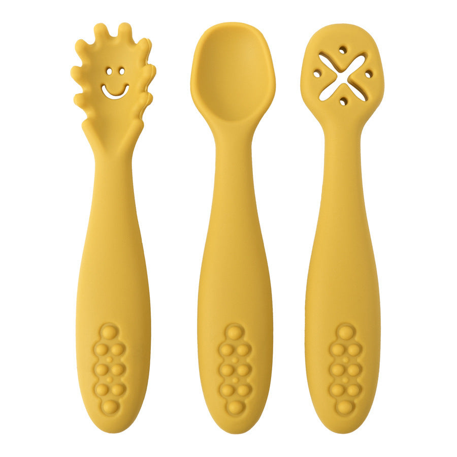 3-pack baby silicone cutlery set with spoons and forks – soft, BPA-free, toddler-friendly utensils.
