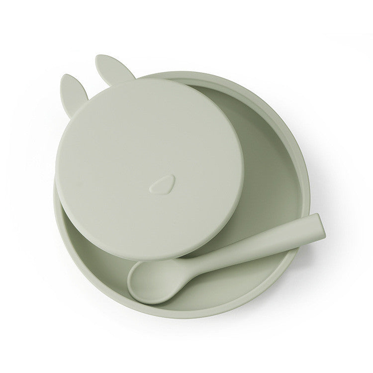 Non-slip silicone baby dinner plate with suction base – BPA-free, divided tray for mess-free toddler feeding.
