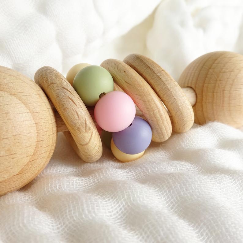 Baby Wooden Rattles, Raw Wooden Toys, Silicone Beads Color Enlightenment Education, Chewable Toys