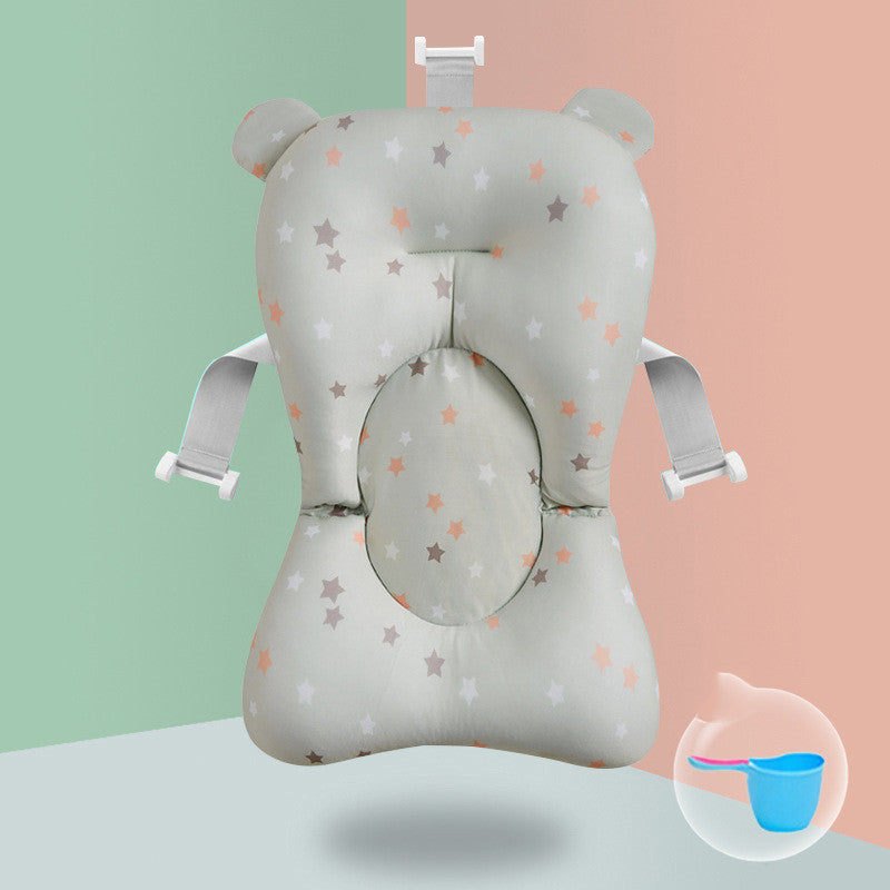 Orange pig-shaped Non-slip Sponge Baby Bath with safety straps, designed for infant spine protection and comfort.