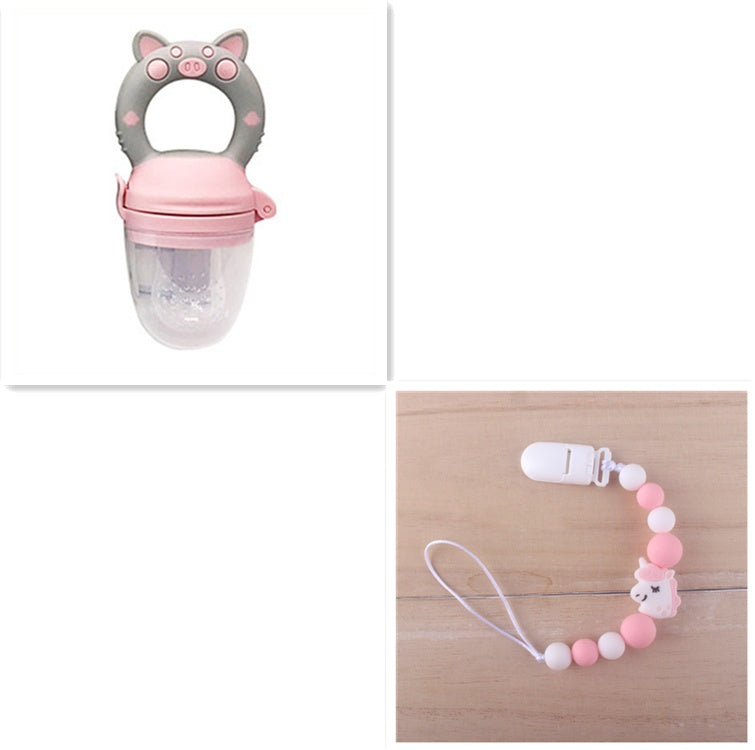 Baby fruit and vegetable feeder with silicone teether, ideal for feeding solids and soothing gums.
