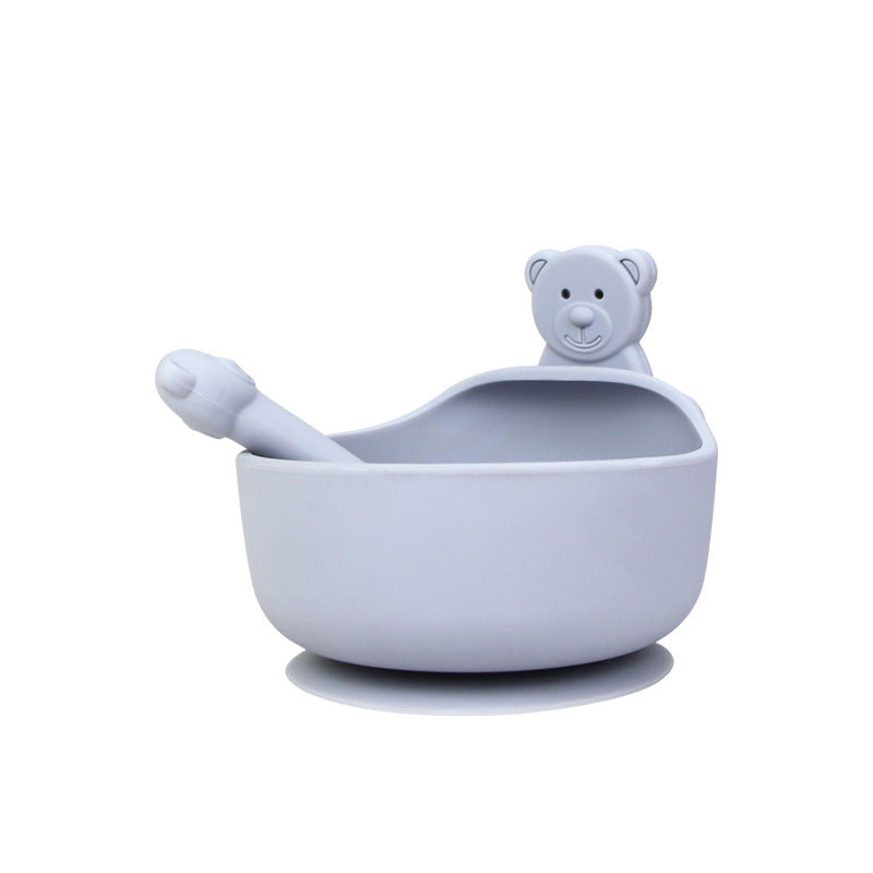 Silicone baby bowl and spoon set – food-grade, BPA-free suction bowl with soft-tip spoon for safe toddler feeding.
