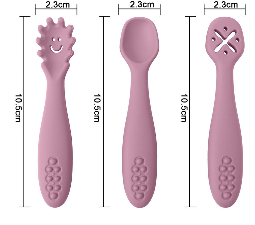 3-pack baby silicone cutlery set with spoons and forks – soft, BPA-free, toddler-friendly utensils.
