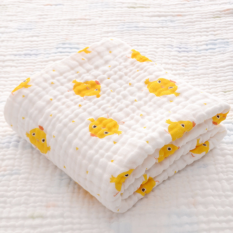 Folded strawberry print cotton baby bath towel with six-layer seersucker quilt, breathable and gentle for baby skin.