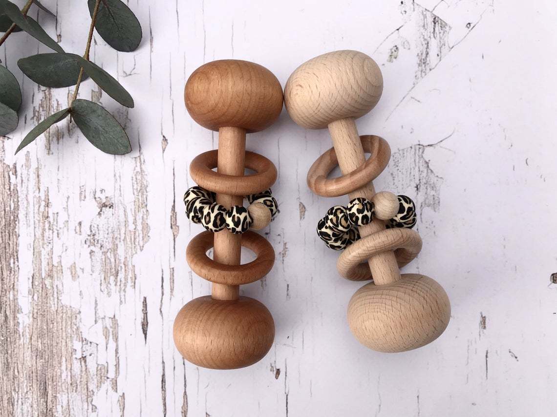 Baby Wooden Rattles, Raw Wooden Toys, Silicone Beads Color Enlightenment Education, Chewable Toys