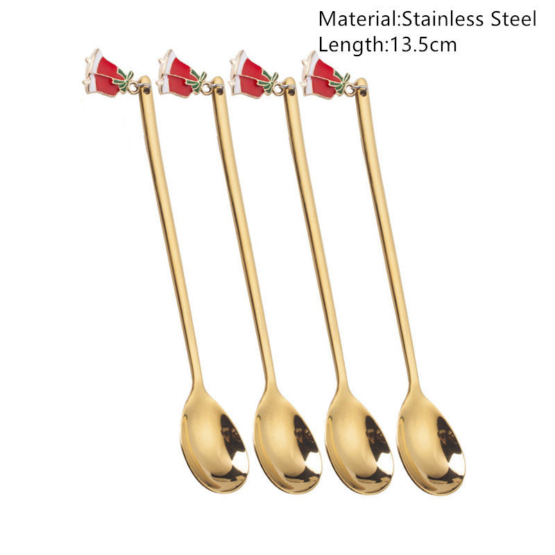 Festive Merry Christmas party spoons for holiday dinners and table decorations – red and green Xmas-themed cutlery.
