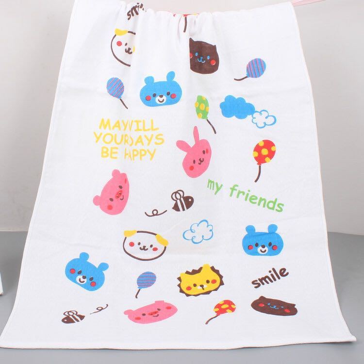 Cartoon Baby Bath Towel - Cotton Yarn | Lightweight, 60x120cm, with smiling animal faces, balloons, and cheerful phrases like 'be happy'.