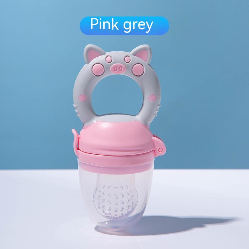 Baby food teether for introducing fruit and vegetable solids; soft silicone feeder soothes teething and encourages self-feeding.
