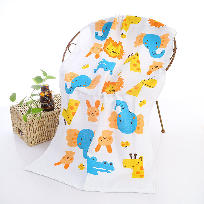Cartoon Baby Bath Towel - Cotton Yarn | Lightweight, 60x120cm, printed with lions, elephants, rabbits, and giraffes in bright colors.