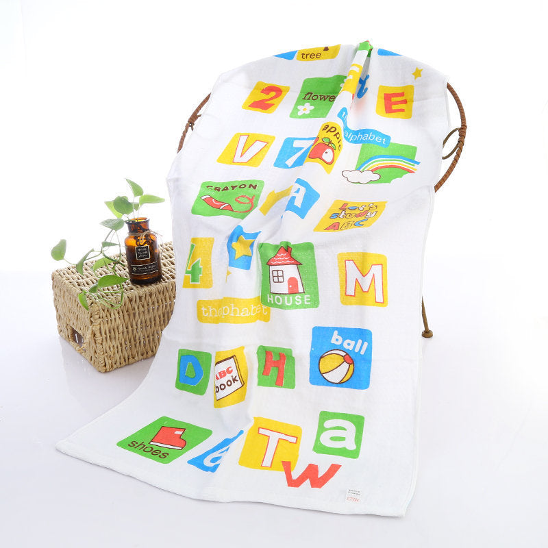 Cartoon Baby Bath Towel - Cotton Yarn | Lightweight, 60x120cm, designed with alphabet blocks, school items, and colorful icons.