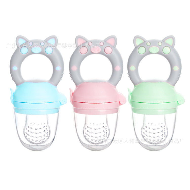 Baby food teether for introducing fruit and vegetable solids; soft silicone feeder soothes teething and encourages self-feeding.

