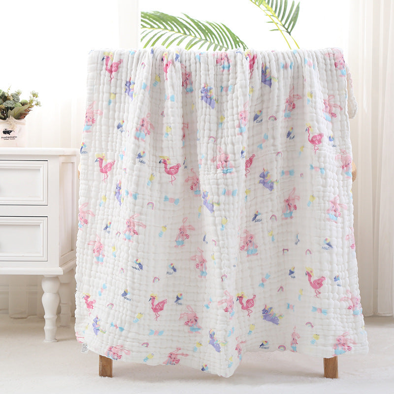 Blue and beige animal print cotton baby bath towel with six-layer seersucker quilt, breathable and gentle for baby skin.