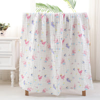 Blue and beige animal print cotton baby bath towel with six-layer seersucker quilt, breathable and gentle for baby skin.