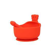 Silicone baby bowl and spoon set – food-grade, BPA-free suction bowl with soft-tip spoon for safe toddler feeding.
