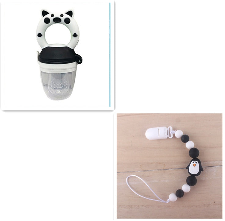 Baby fruit and vegetable feeder with silicone teether, ideal for feeding solids and soothing gums.
